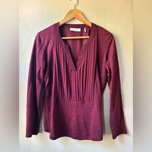 Sandro Paris Burgundy Linen V-Neck Pleated Front Blouse